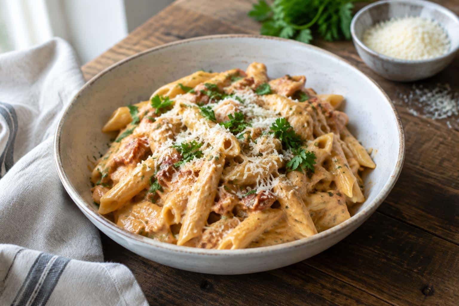 Creamy perfect TikTok pasta inspired by Grace Gaylord garnished with parsley and parmesan