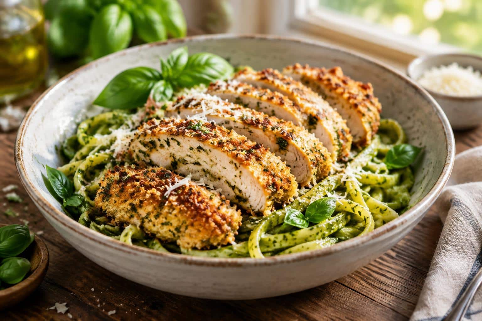 Pesto pasta topped with juicy parmesan chicken on rustic plate with fresh basil garnish