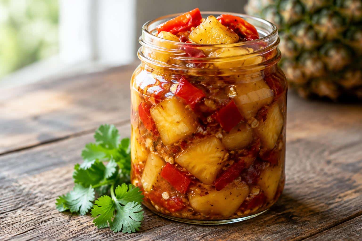 Jar of pineapple cowboy candy with chunks of pineapple and red peppers, sweet and spicy condiment
