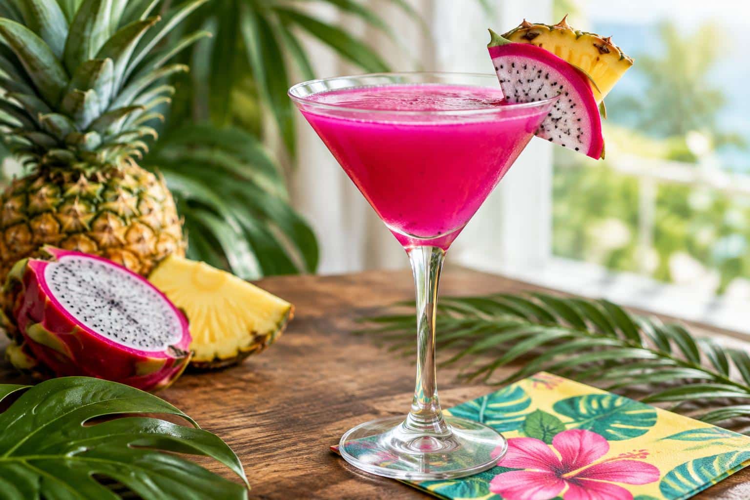 Pineapple dragon fruit lemonade martini in glass garnished with dragon fruit slice and pineapple wedge