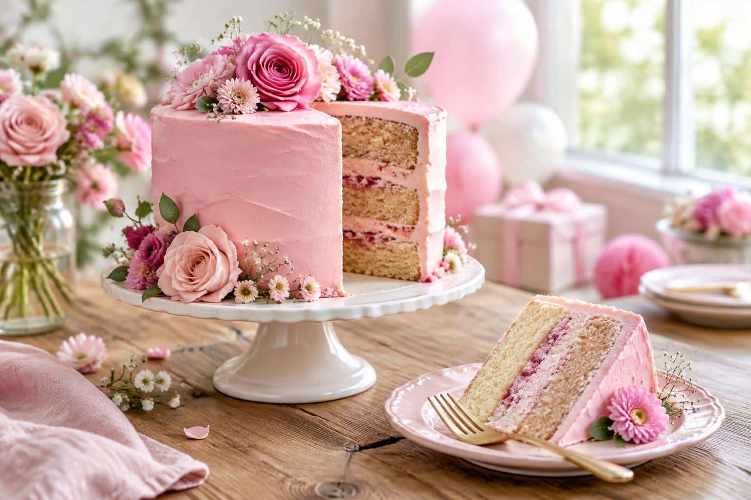 Pink 18th birthday cake with creamy frosting and floral decorations on rustic wooden surface