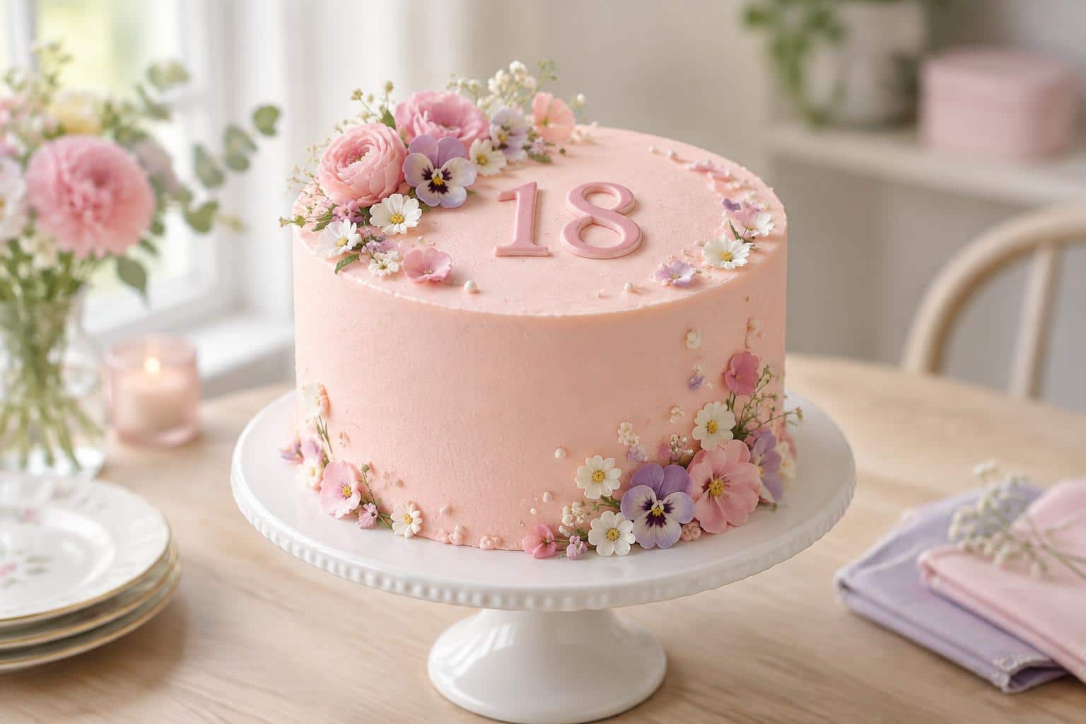 Pink 18th birthday cake with smooth frosting and flower garnish on cake stand