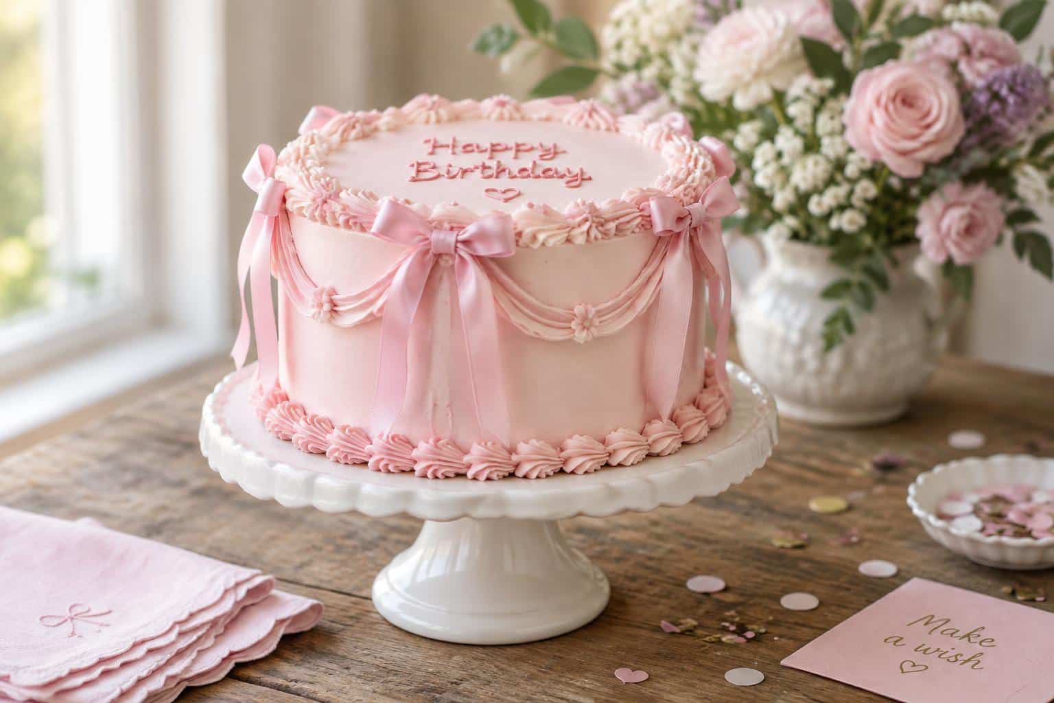 Pink ribbon cake decorated with delicate frosting ribbons for a birthday celebration