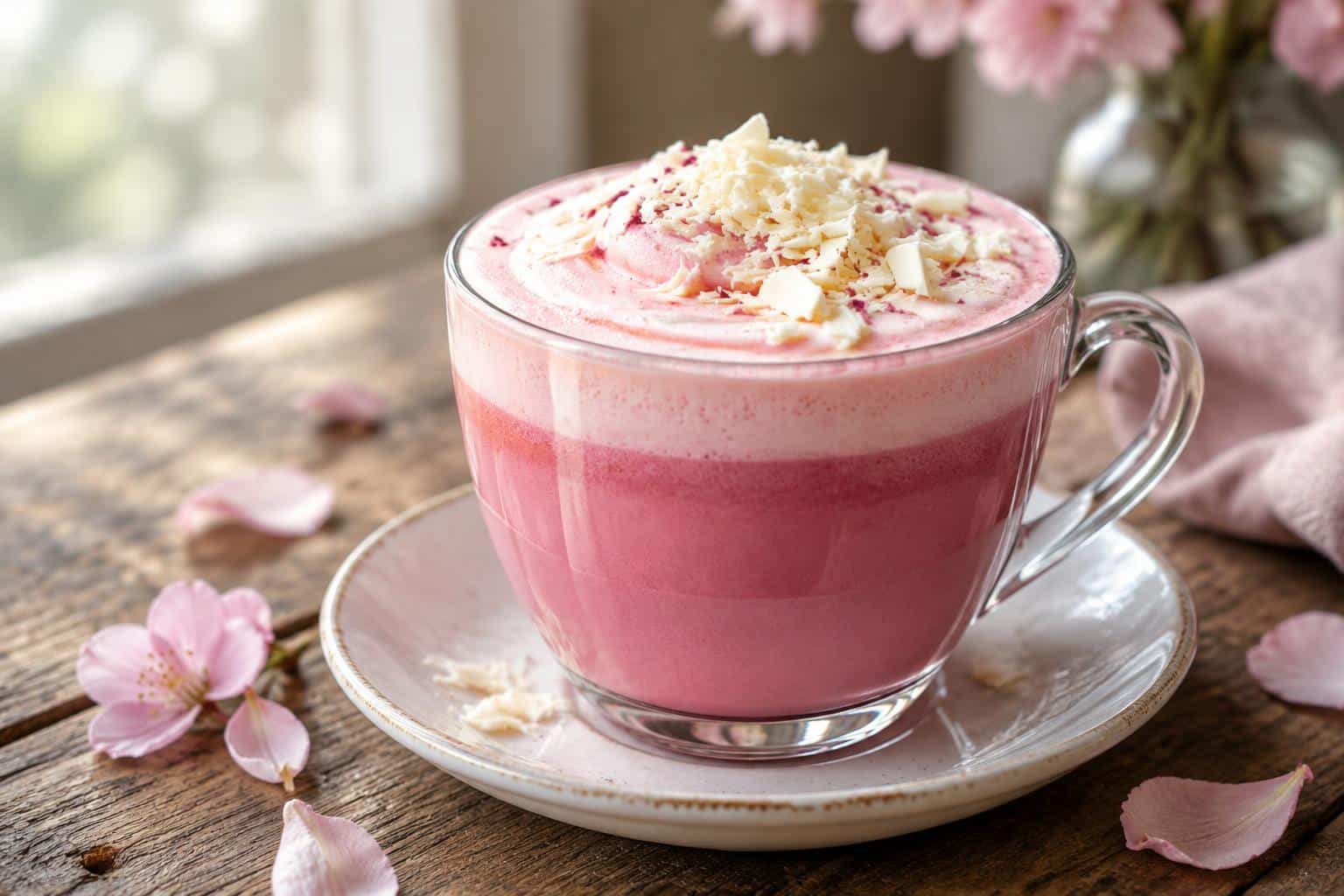 Creamy pink velvet macchiato topped with white chocolate shavings and pink foam swirl