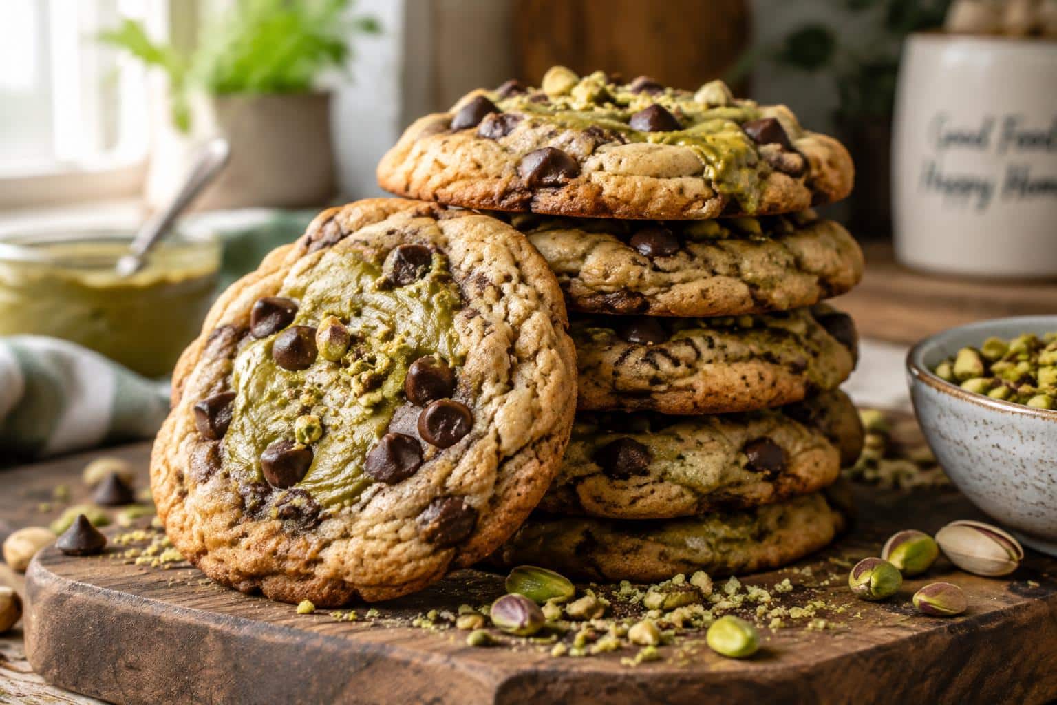 Fresh pistachio cream chocolate chip cookies stacked on wooden board with crushed pistachios
