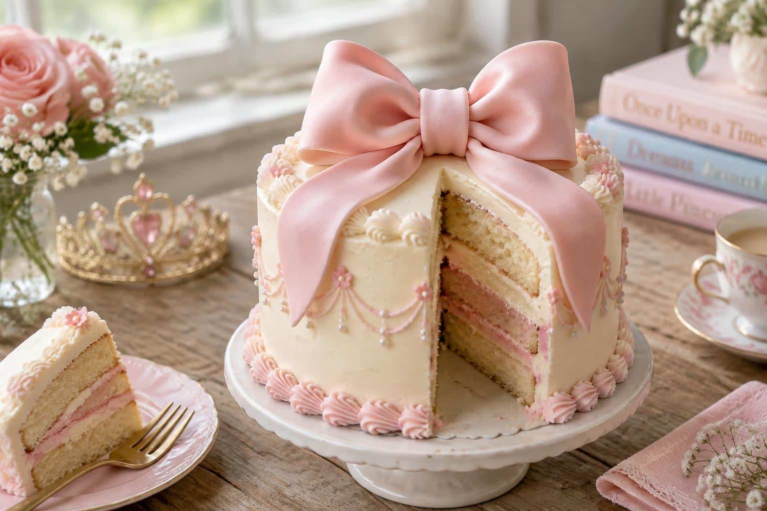 Princess dream cake with elegant pink bow decoration and creamy frosting