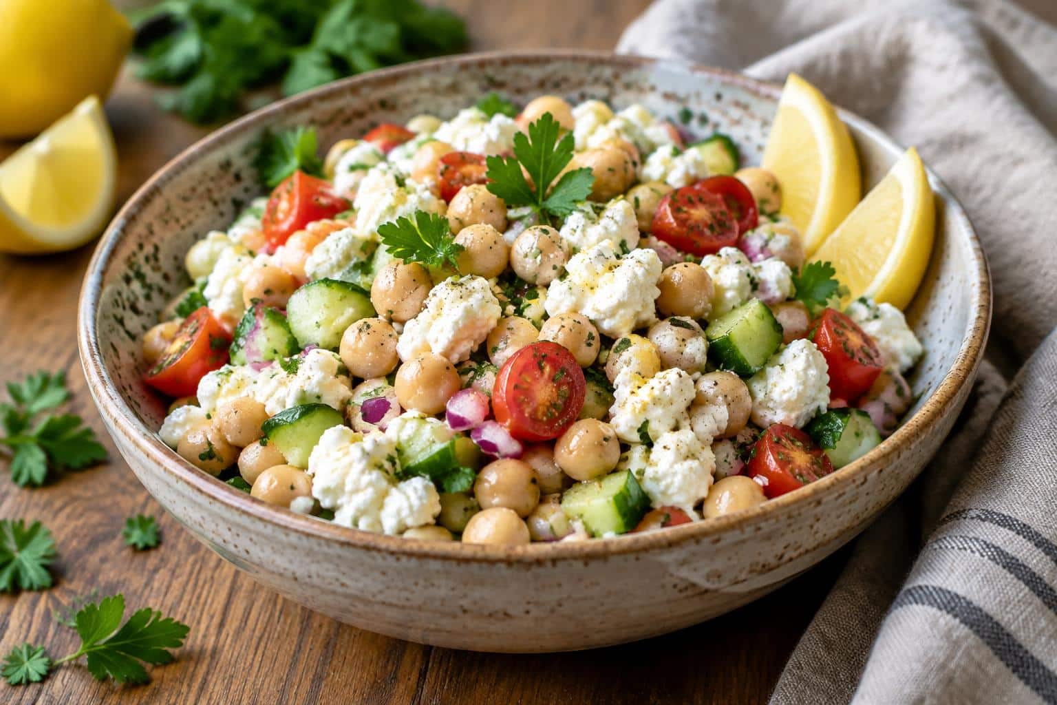 Protein-packed salad with creamy cottage cheese and chickpeas garnished with fresh herbs