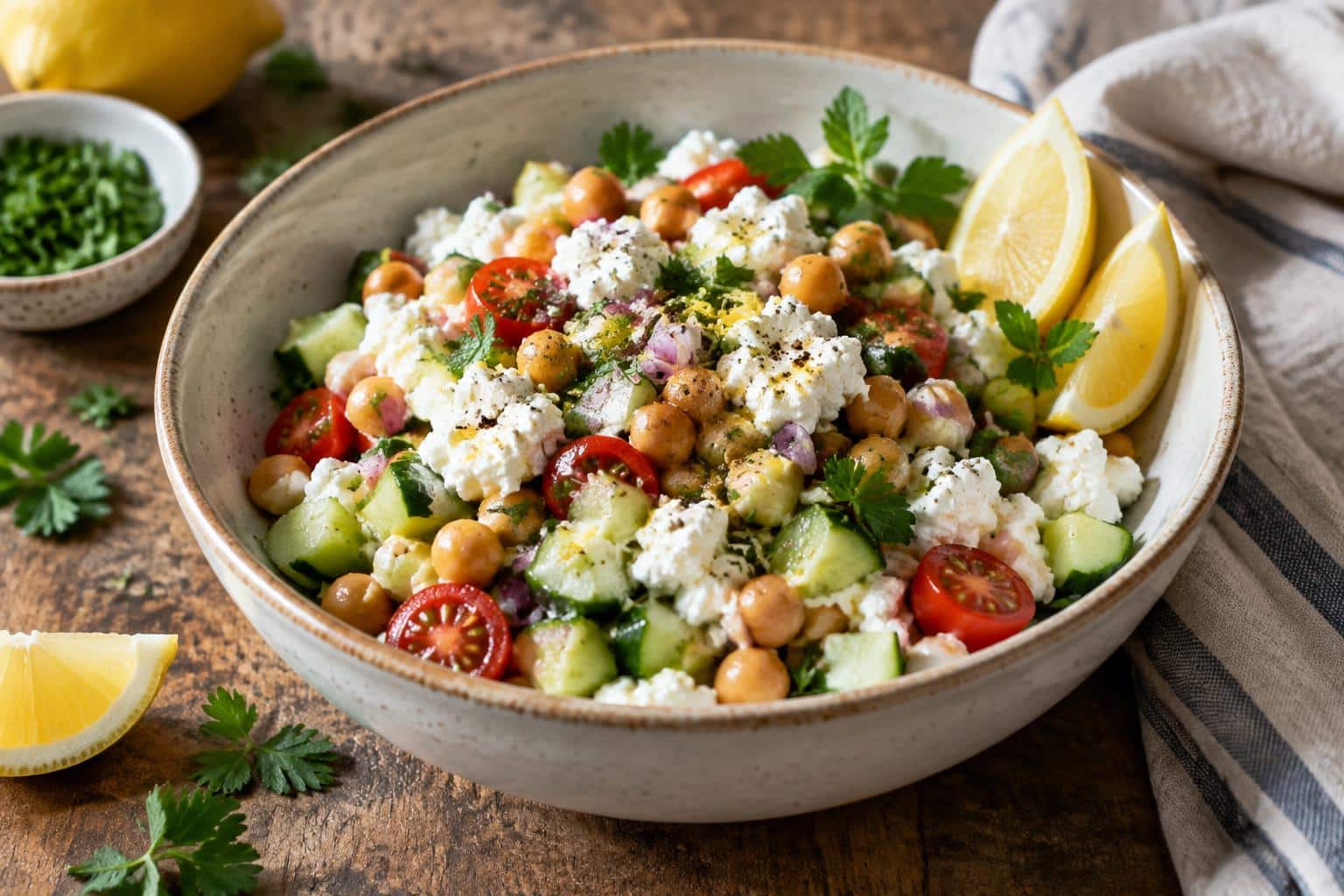Protein-packed salad with cottage cheese and chickpeas garnished with fresh herbs