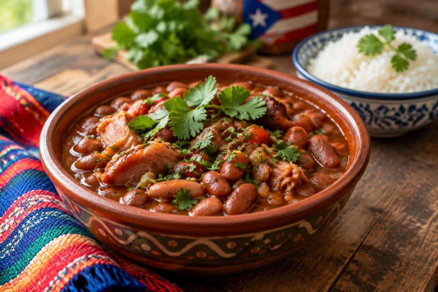 A bowl of Puerto Rican style beans garnished with cilantro in natural light