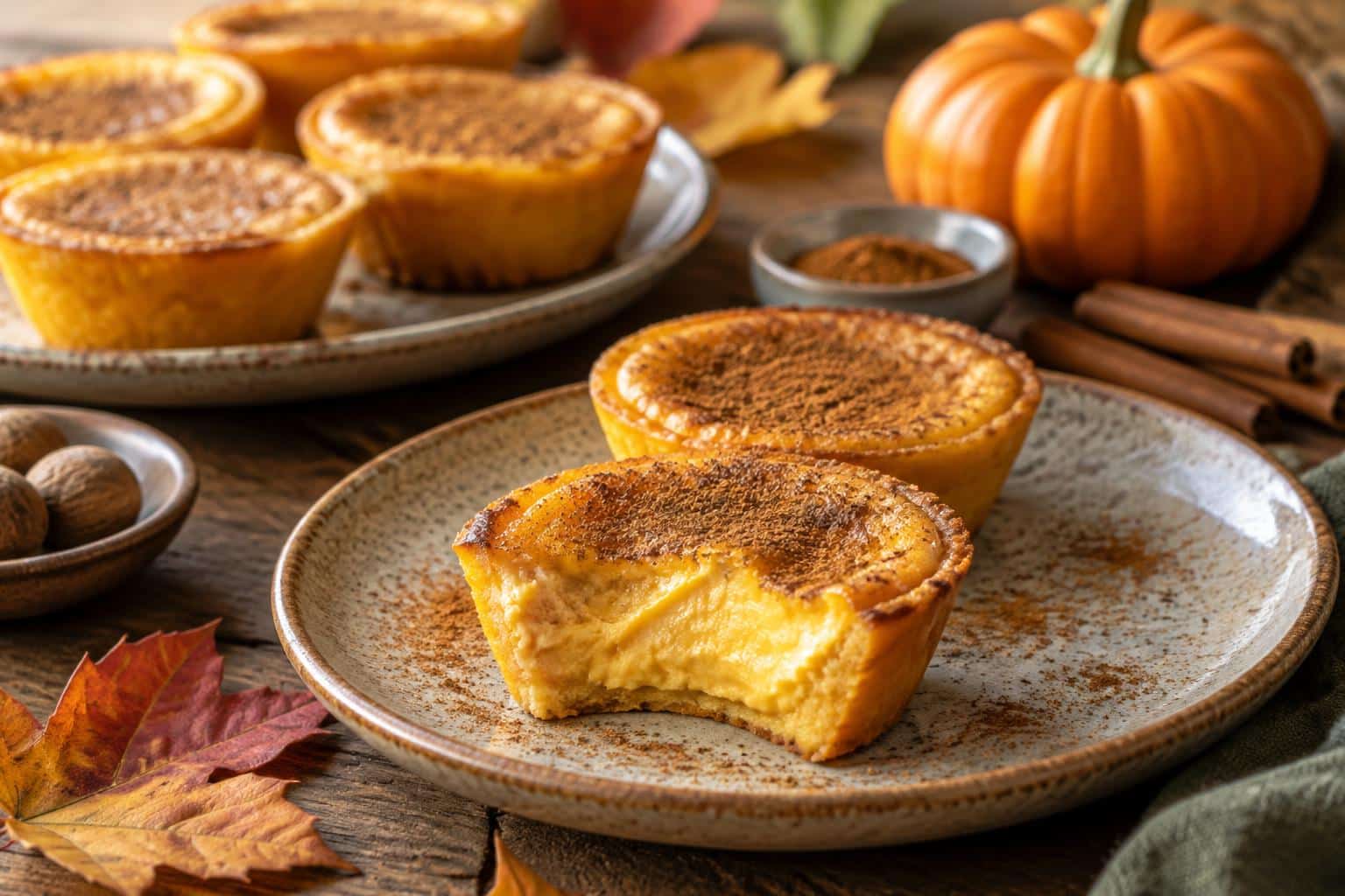 Freshly baked pumpkin queijadas with creamy filling and cinnamon garnish on rustic plates