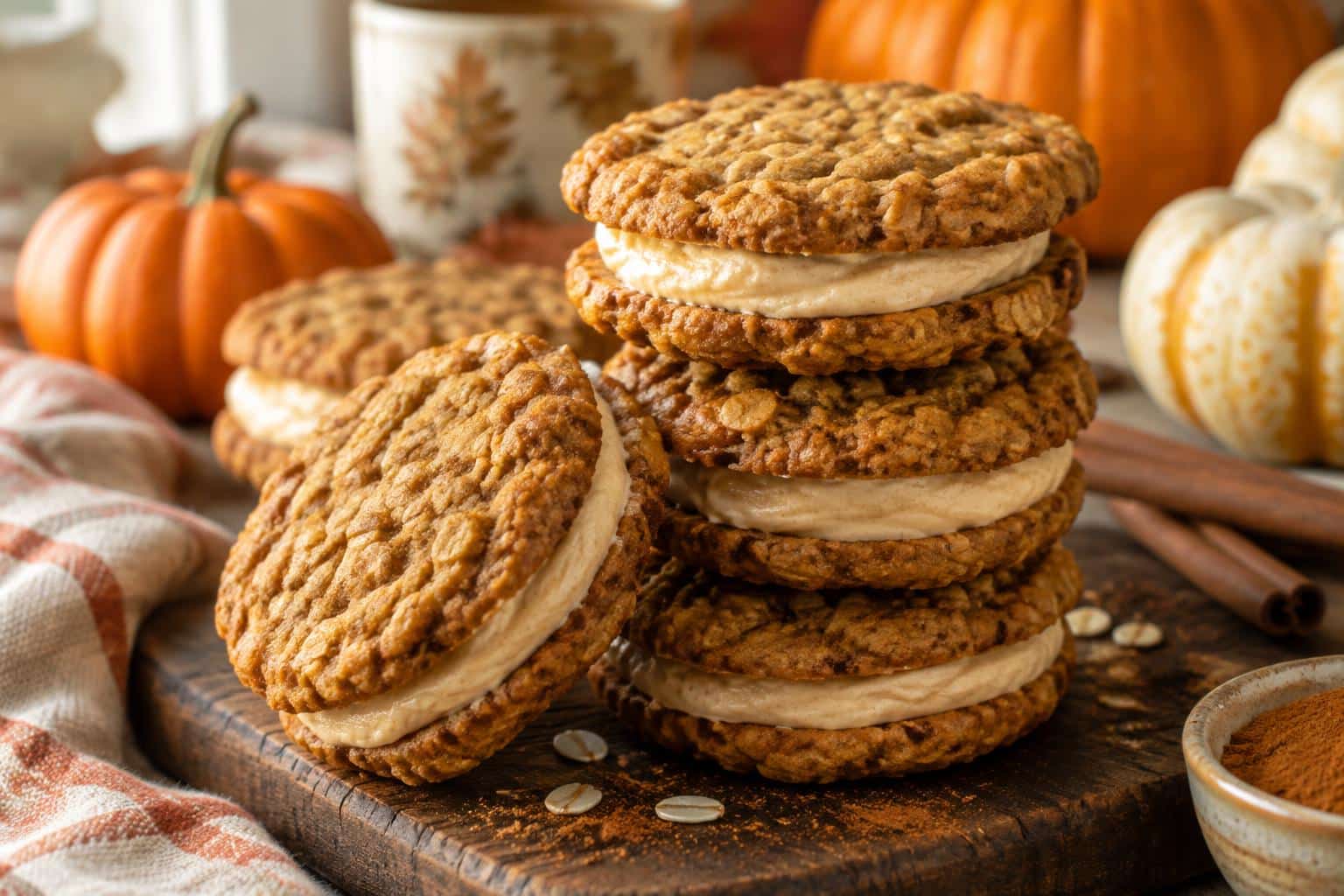 pumpkin spice oatmeal creme pies with creamy filling on wooden board in natural light