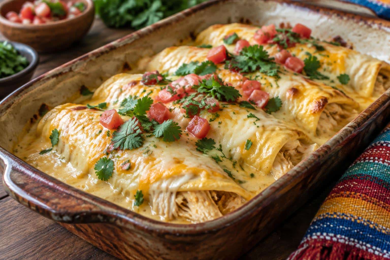 Queso chicken enchiladas baked in a ceramic dish garnished with cilantro and diced tomatoes