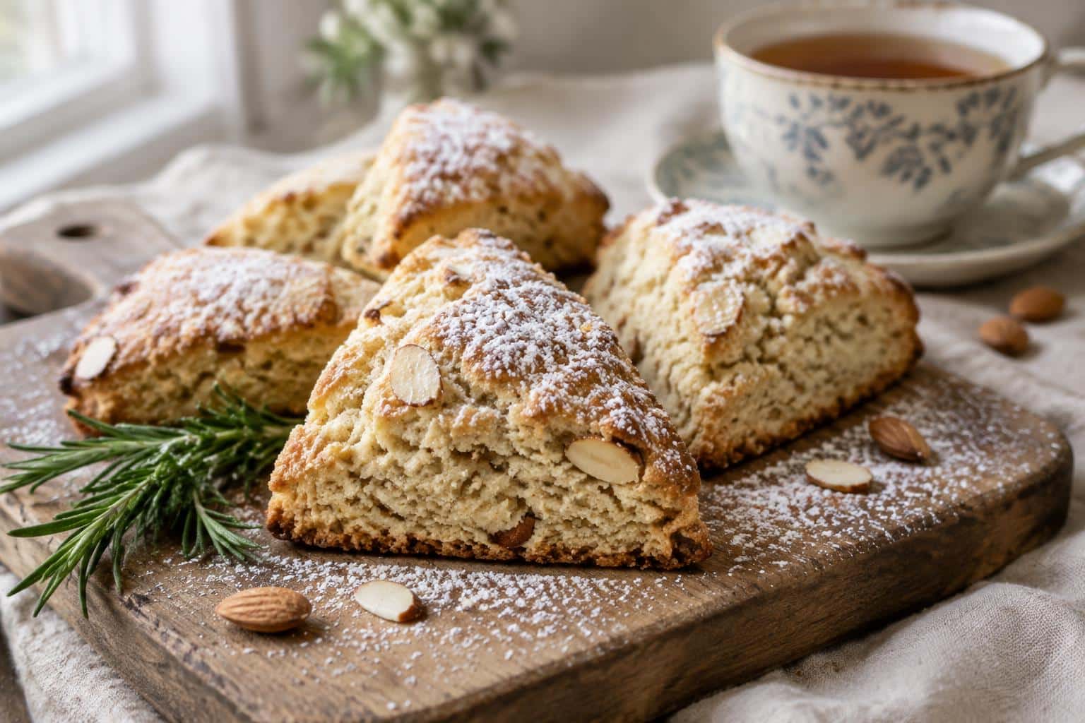 Freshly baked quick almond flour scones on wooden board with powdered sugar and rosemary garnish