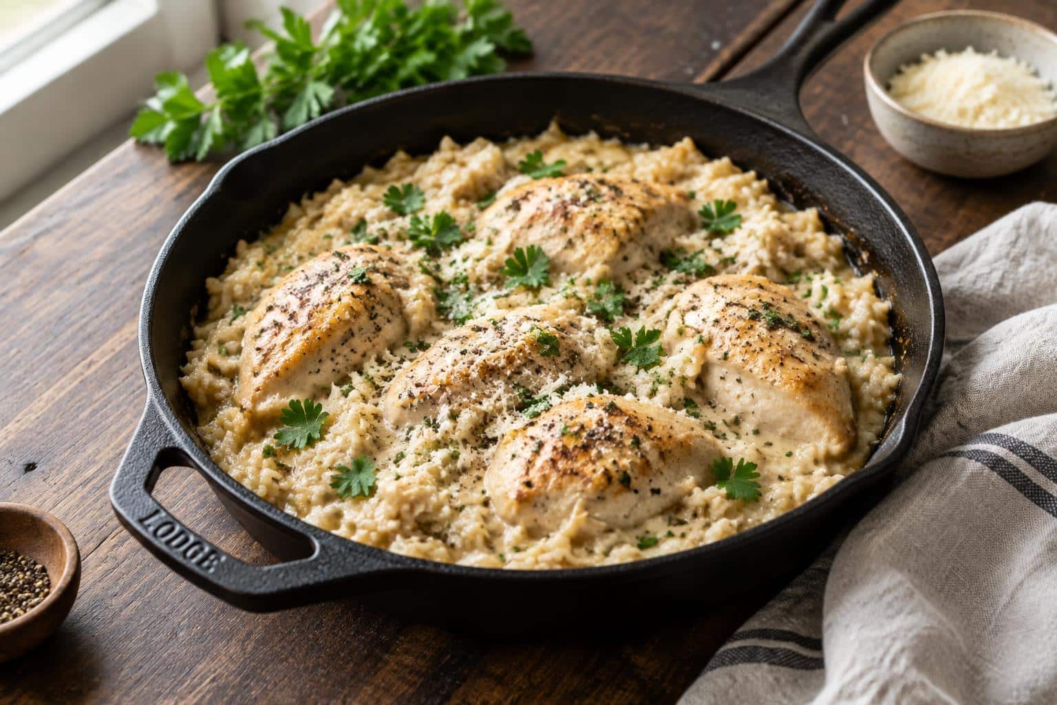 creamy chicken and rice skillet served in a rustic cast iron pan with fresh parsley garnish