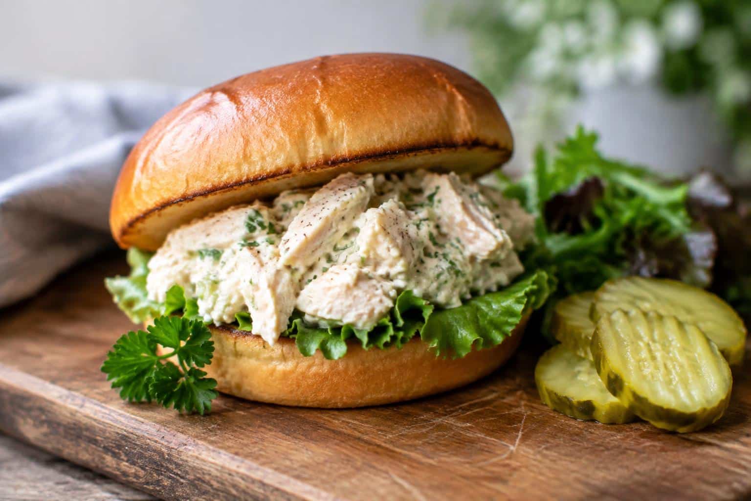 Creamy chicken sandwich on toasted bun with fresh greens and pickles, creamy chicken sandwich