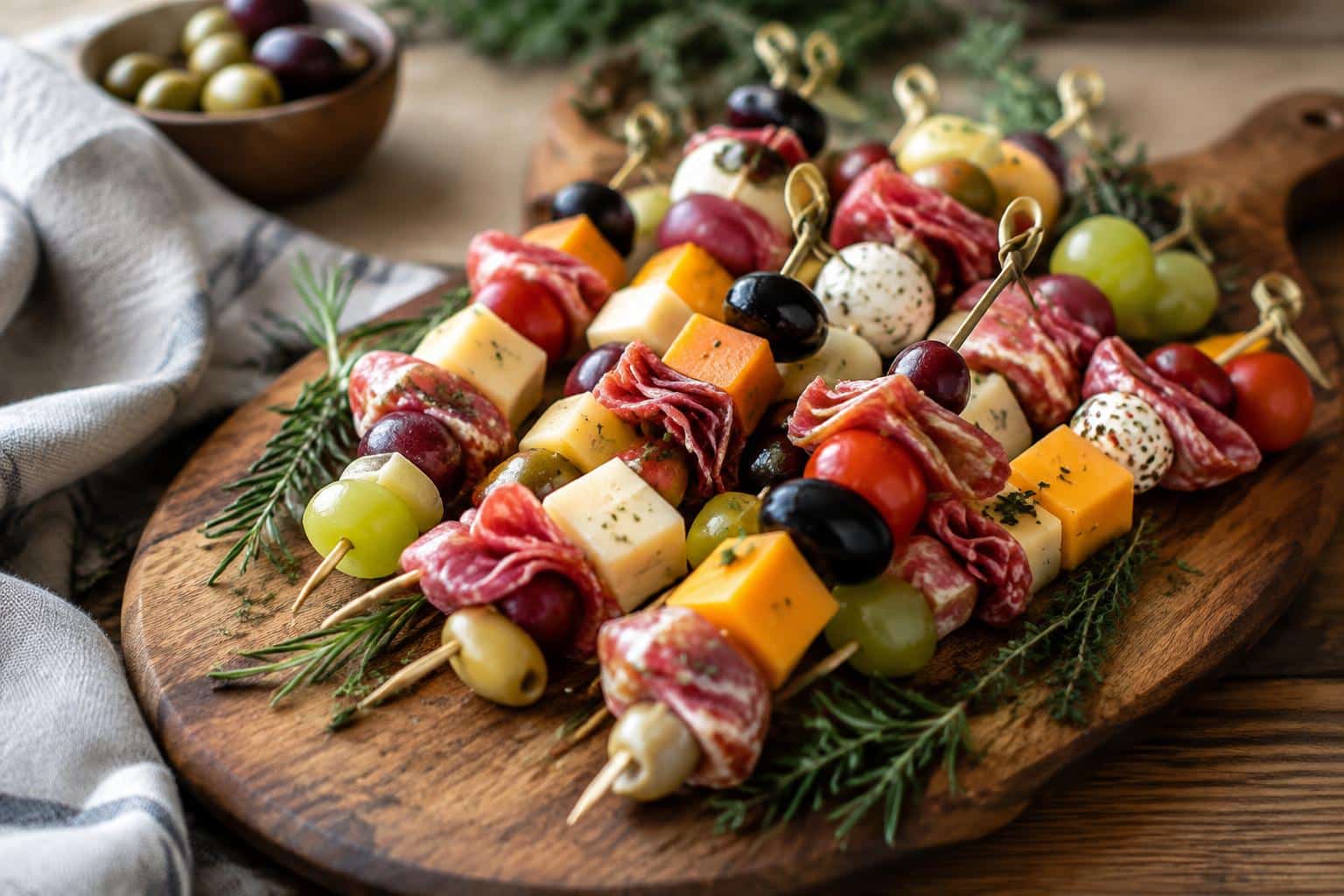 Colorful mini charcuterie skewers with cheese, olives, and meats showcasing mini charcuterie skewers