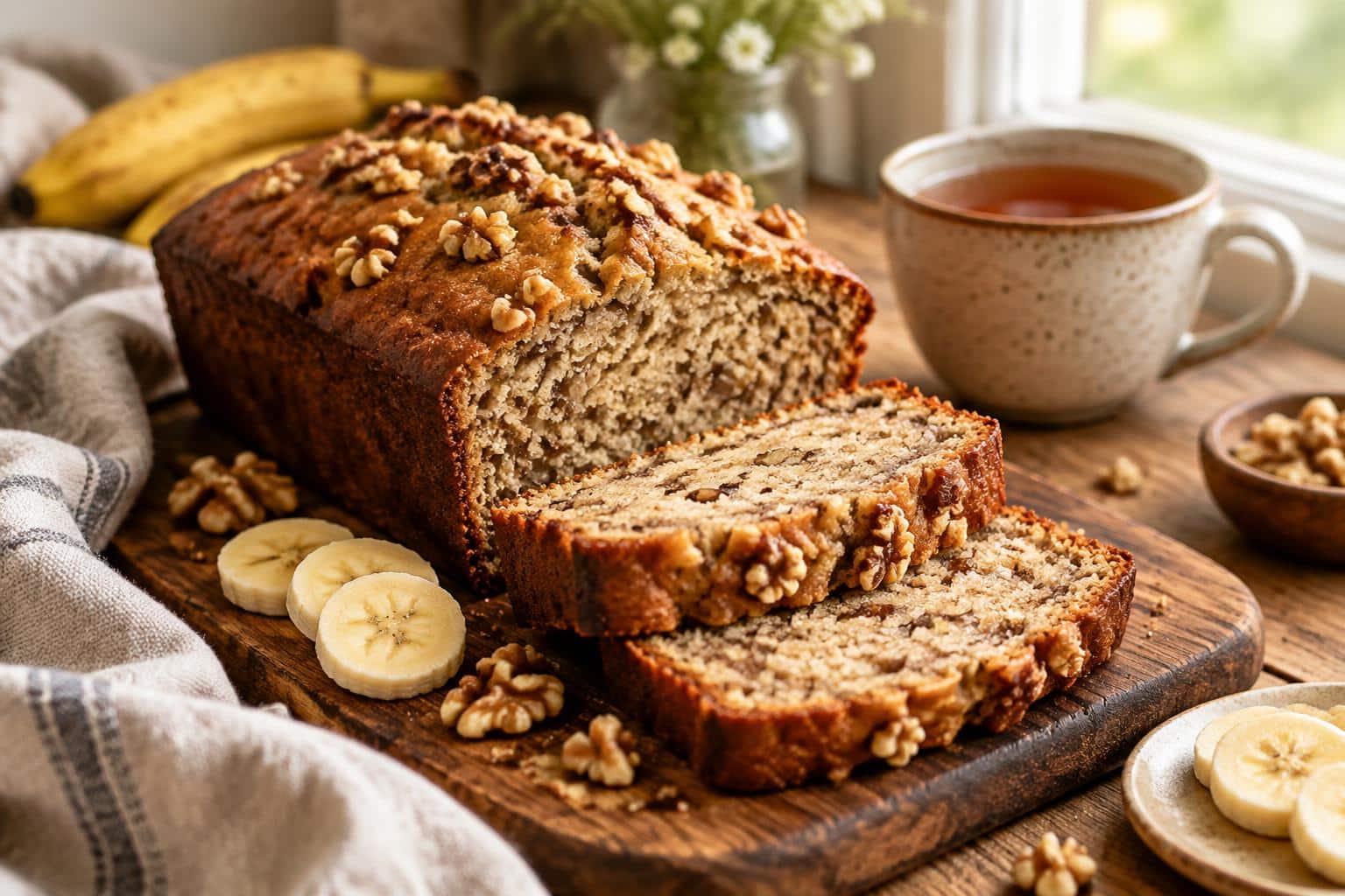 moist one-bowl banana bread sliced with walnuts and banana garnish on rustic board