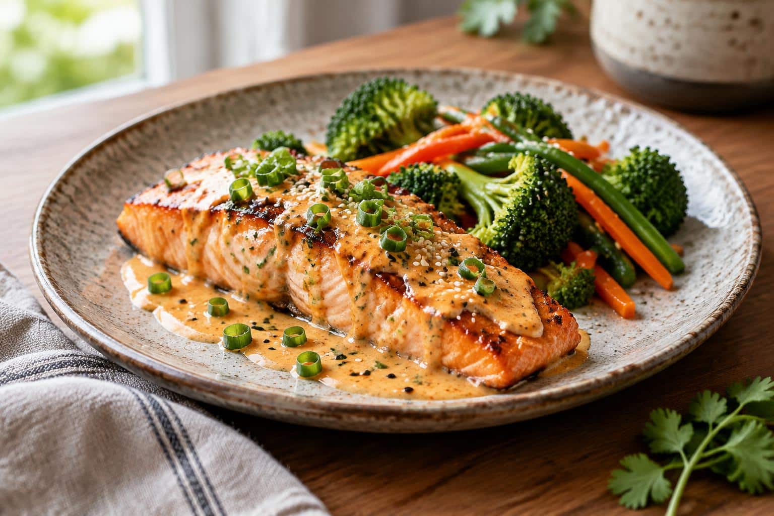Baked bang bang salmon glazed with creamy spicy sauce garnished with green onions and sesame seeds