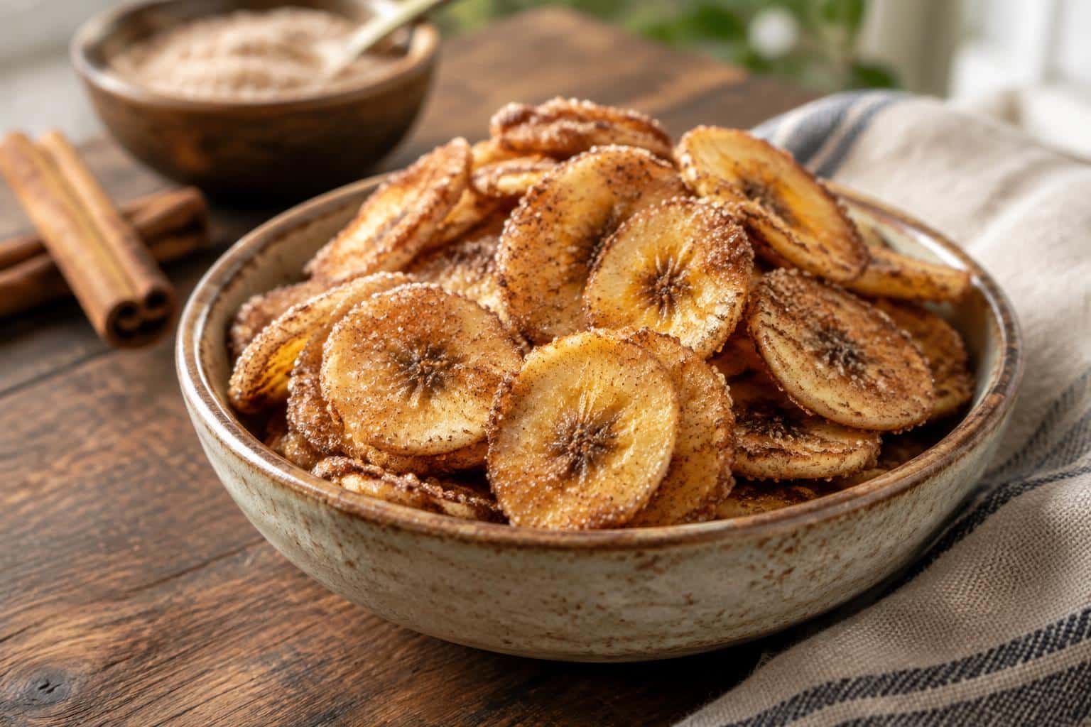 Crispy cinnamon-sugar air fryer banana chips in a rustic bowl, golden brown snack
