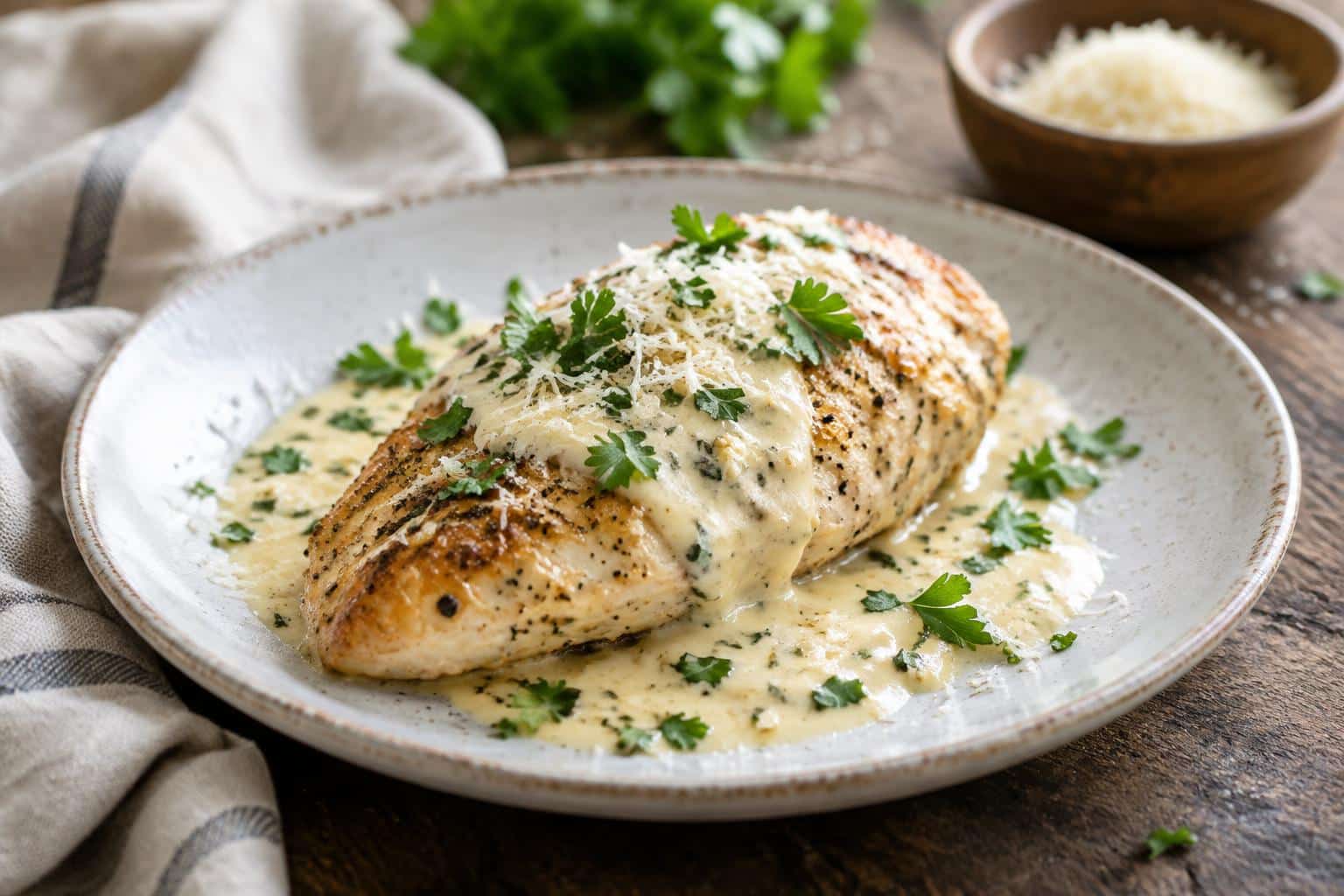 Creamy garlic parmesan chicken served on a plate garnished with parsley and parmesan