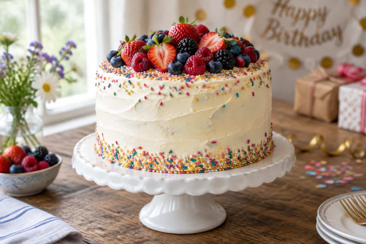Moist and fluffy homemade birthday cake recipe with colorful sprinkles and fresh berries on top
