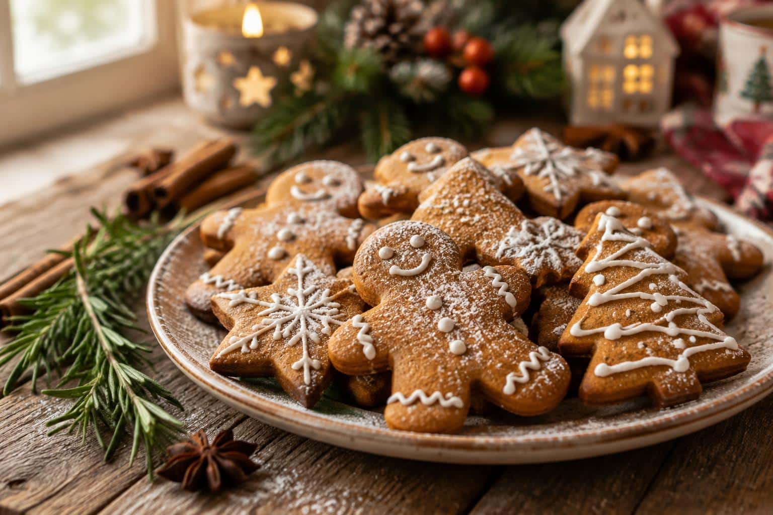 Plate of crispy gingerbread cookies with powdered sugar and holiday garnish, gingerbread cookies