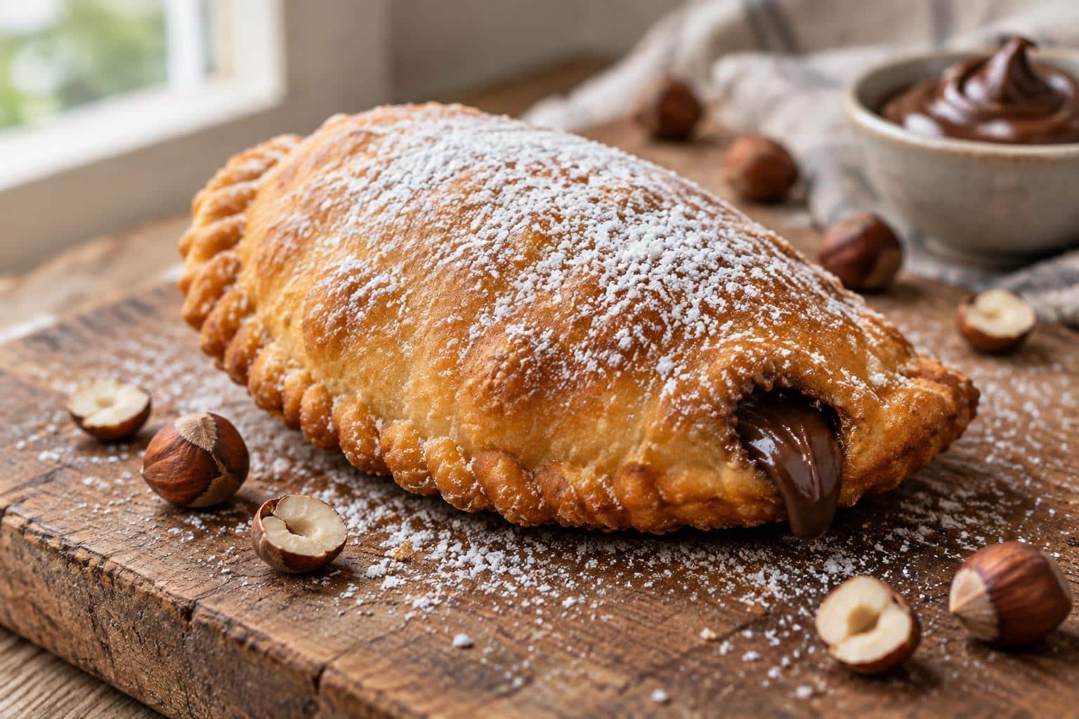 Golden crispy sweet Nutella panzerotti dusted with powdered sugar and hazelnuts