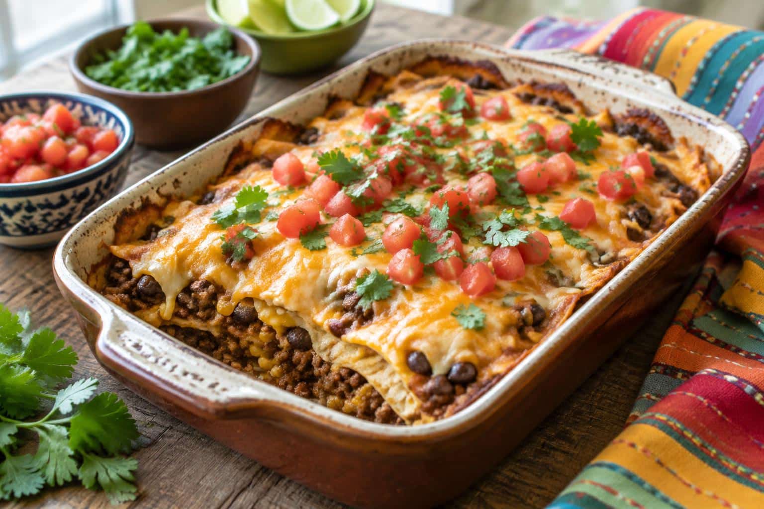Quick easy taco casserole topped with melted cheese and fresh cilantro