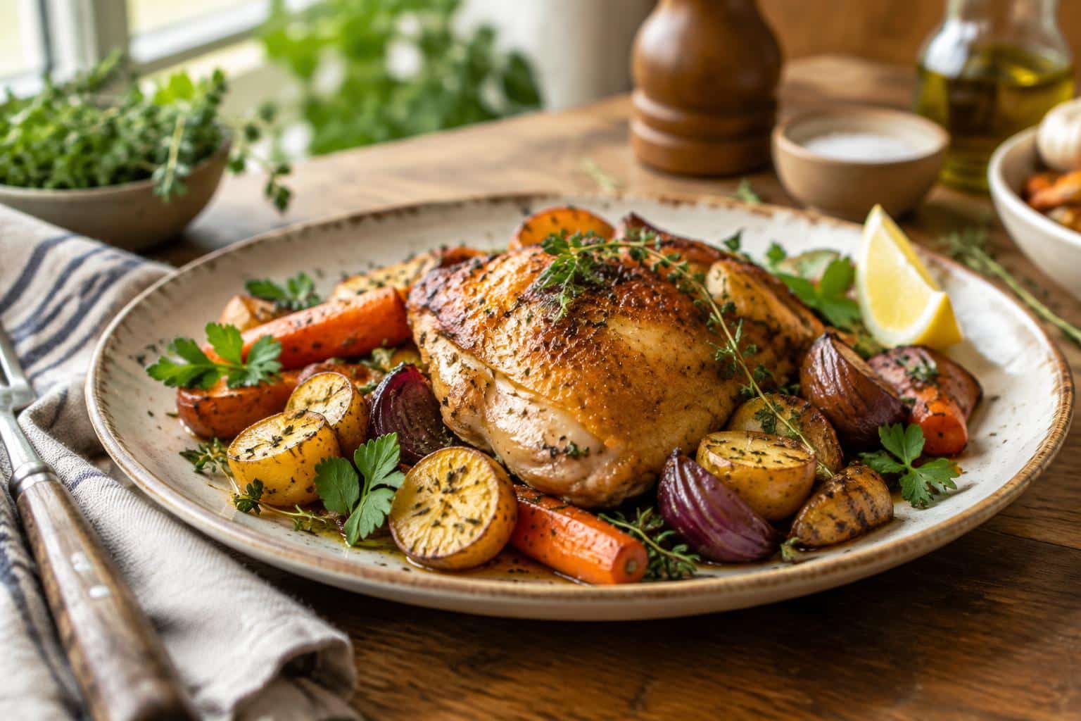 Golden-baked rustic chicken with herbs and roasted vegetables showcasing timeless elegance