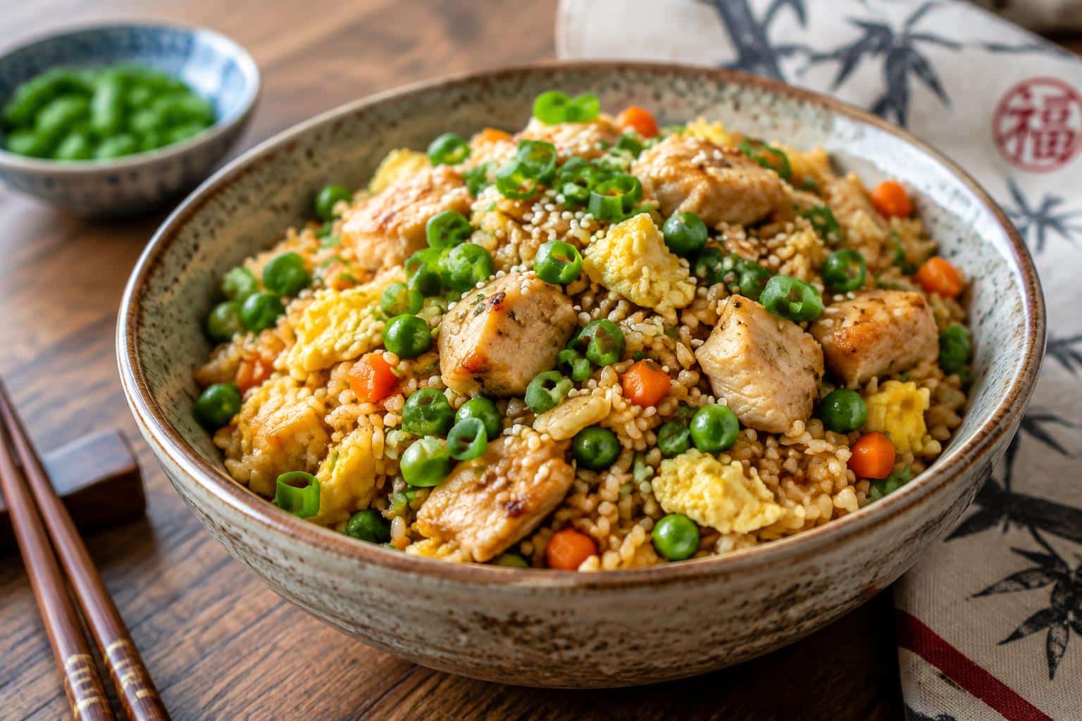 Chinese chicken fried rice with peas, carrots, scrambled eggs, and green onions in a rustic bowl