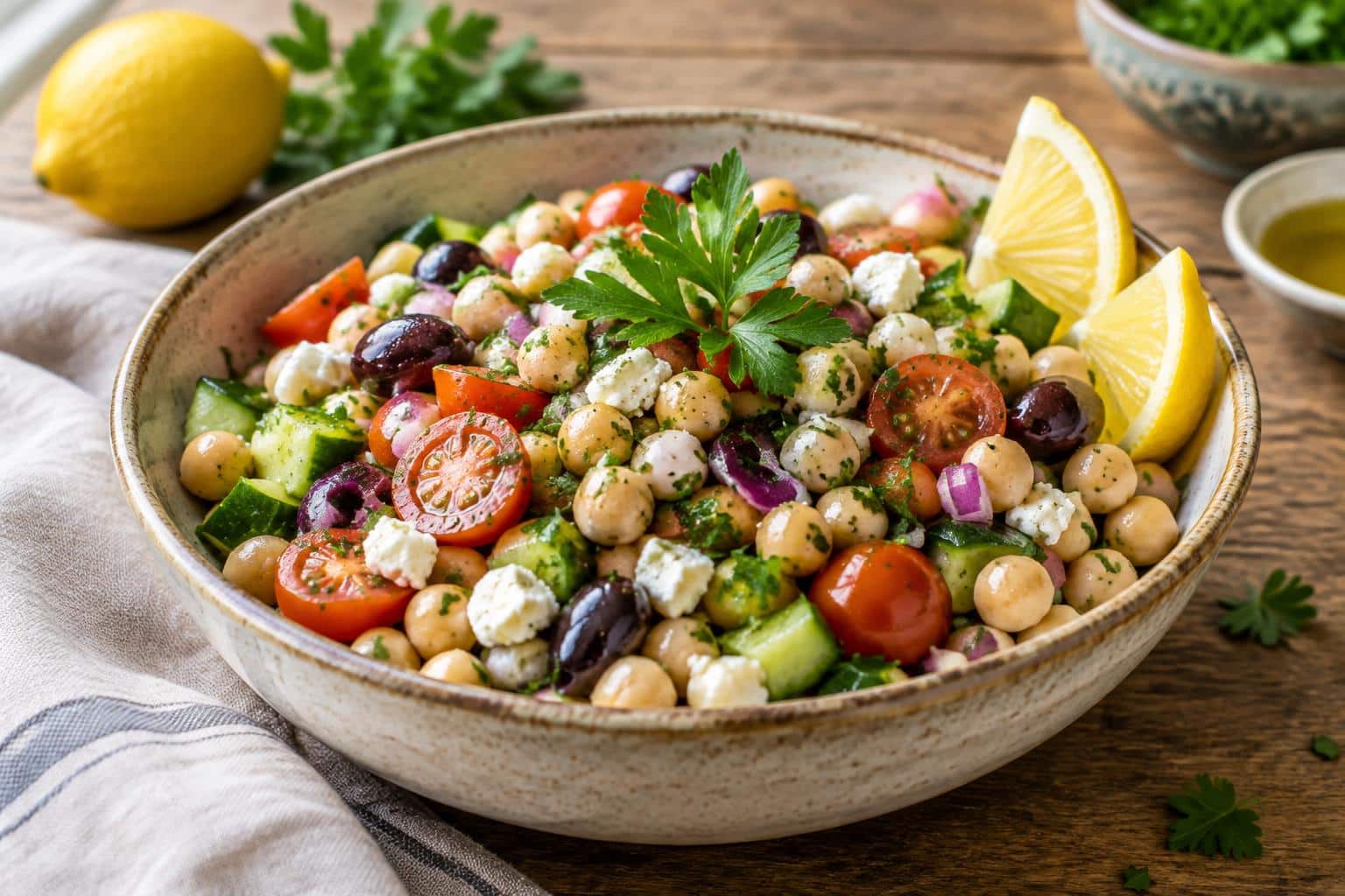 Mediterranean chickpea salad in a bowl garnished with parsley and lemon, showcasing a healthy dash diet salad