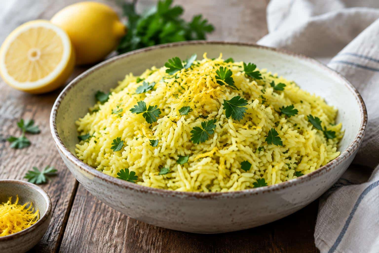 Fluffy lemon rice pilaf garnished with fresh parsley and lemon zest in a bowl