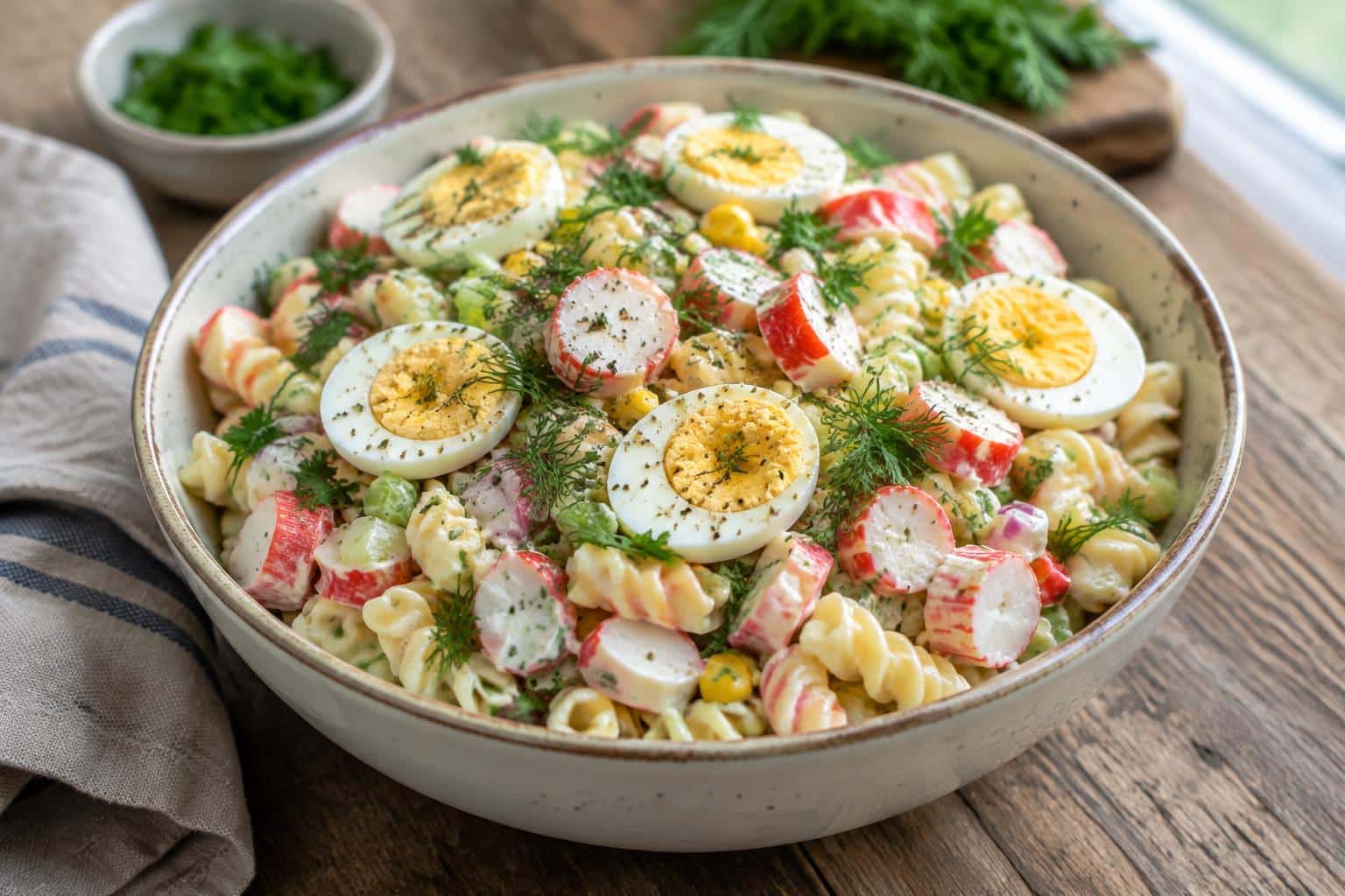 Surimi pasta salad with hard-boiled eggs and fresh herbs on a rustic wooden table