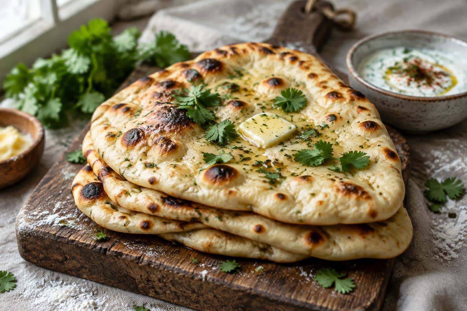 Freshly cooked zero-waste sourdough naan stacked with cilantro garnish and melted butter