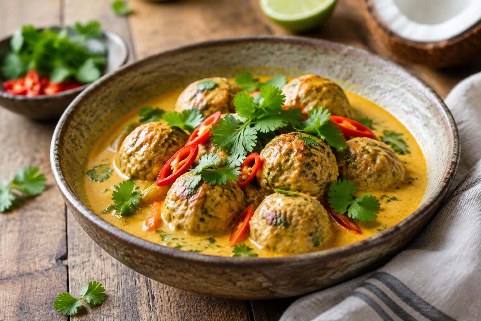 bowl of curry coco thai meatballs in creamy coconut curry sauce garnished with cilantro and chili