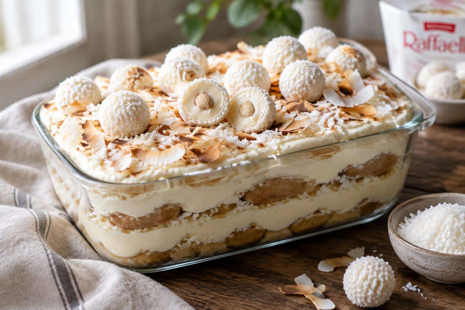 Creamy layered coconut tiramisu dessert topped with toasted coconut flakes and Raffaello candies