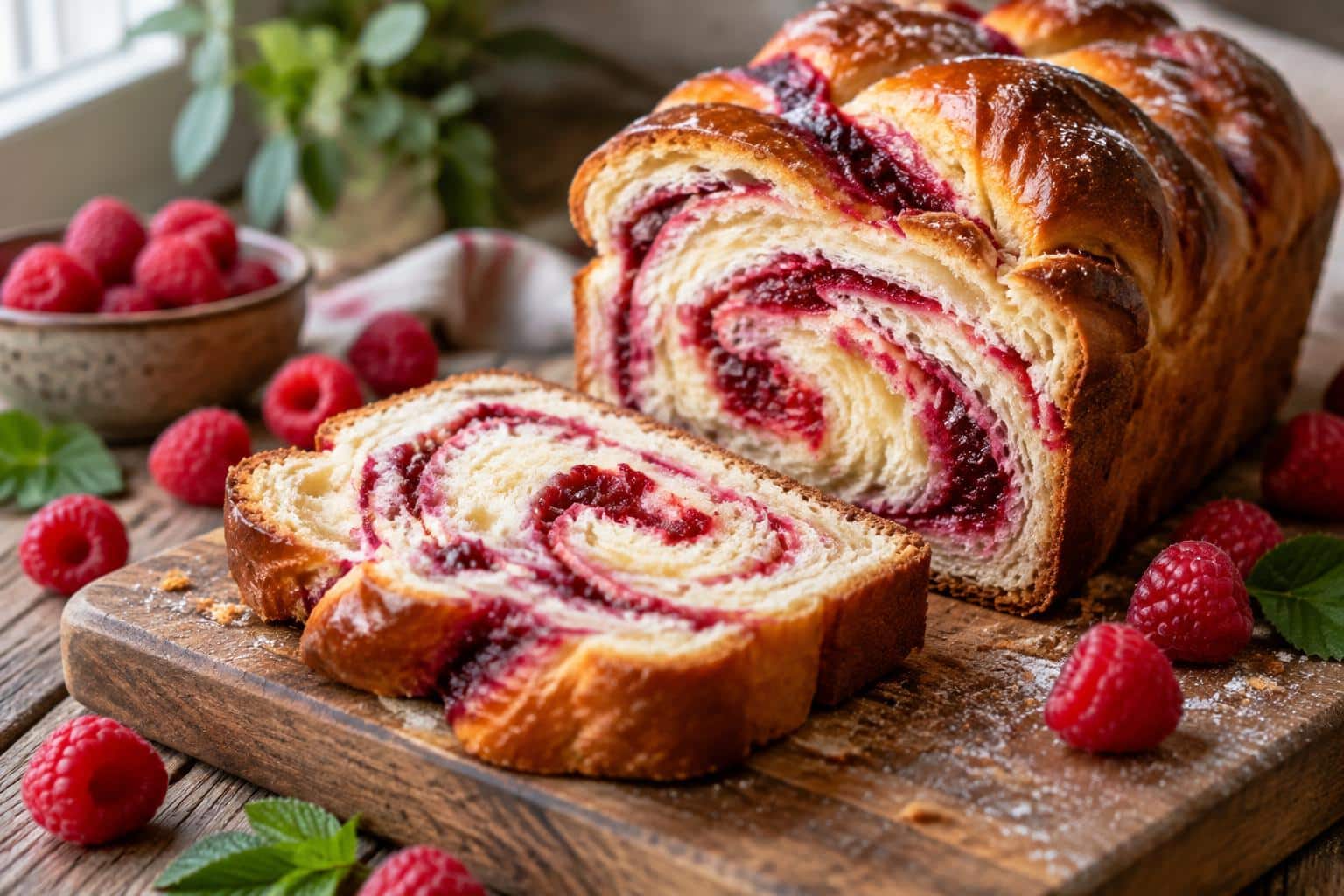 Sliced raspberry swirl brioche loaf showing soft texture and vibrant raspberry swirl