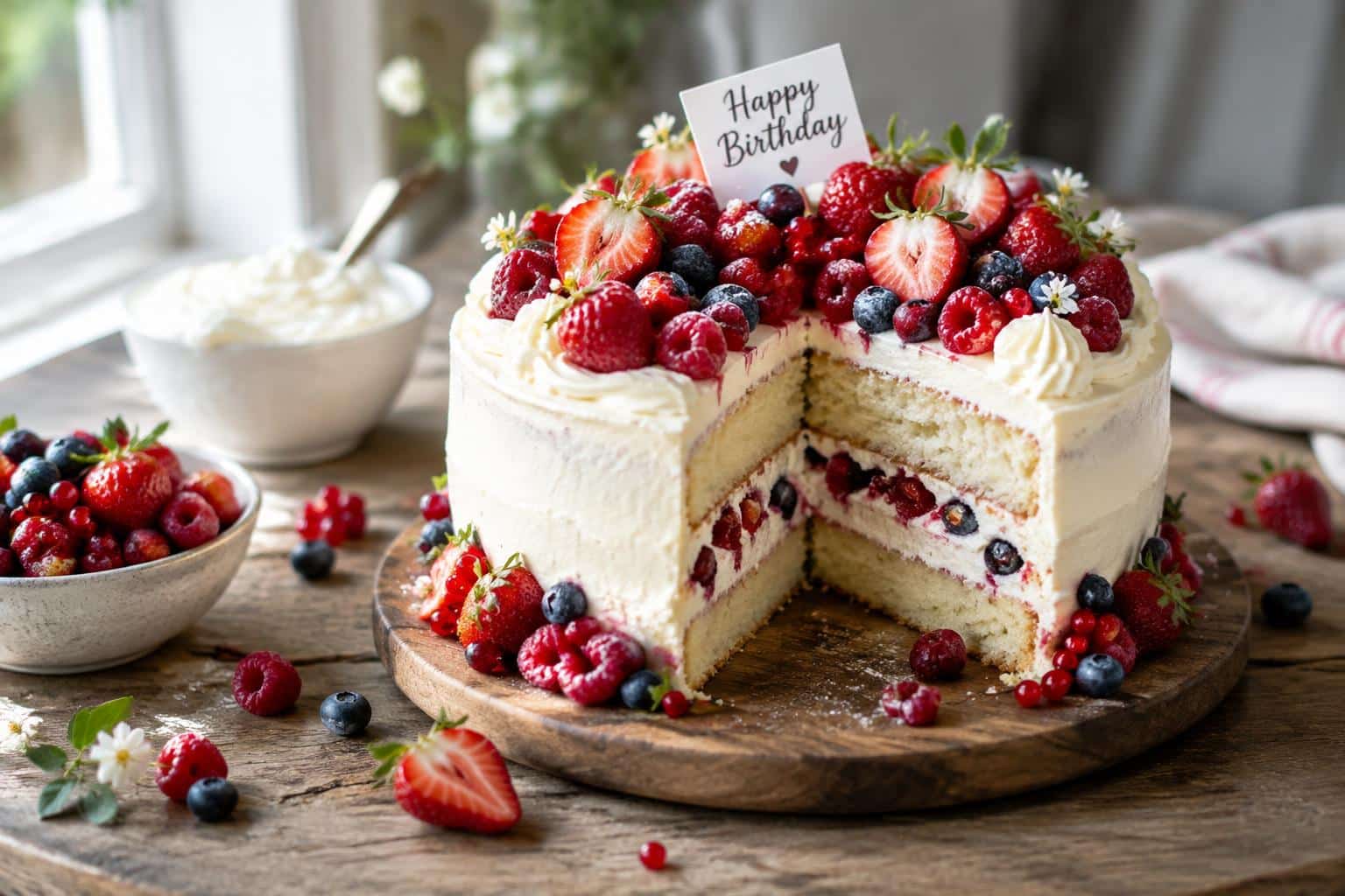 birthday delight cake with red and white berries and vanilla frosting