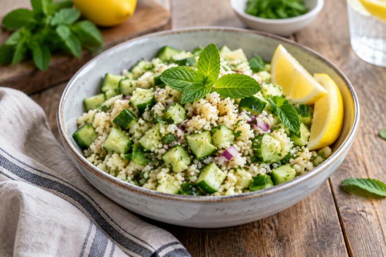 Chilled cucumber couscous salad with fresh herbs and lemon wedges on rustic surface