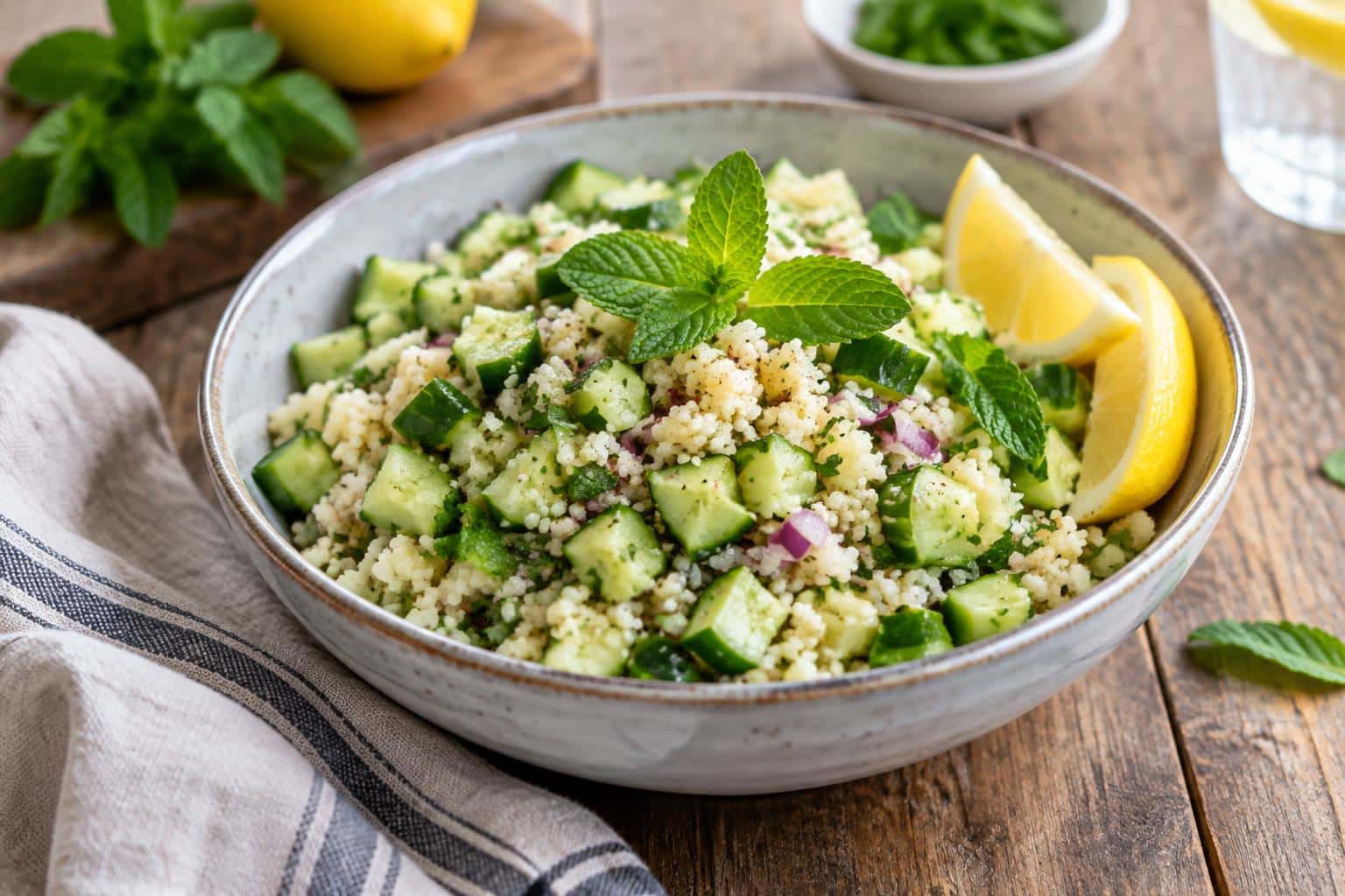 Chilled cucumber couscous salad with fresh herbs and lemon wedges on rustic surface