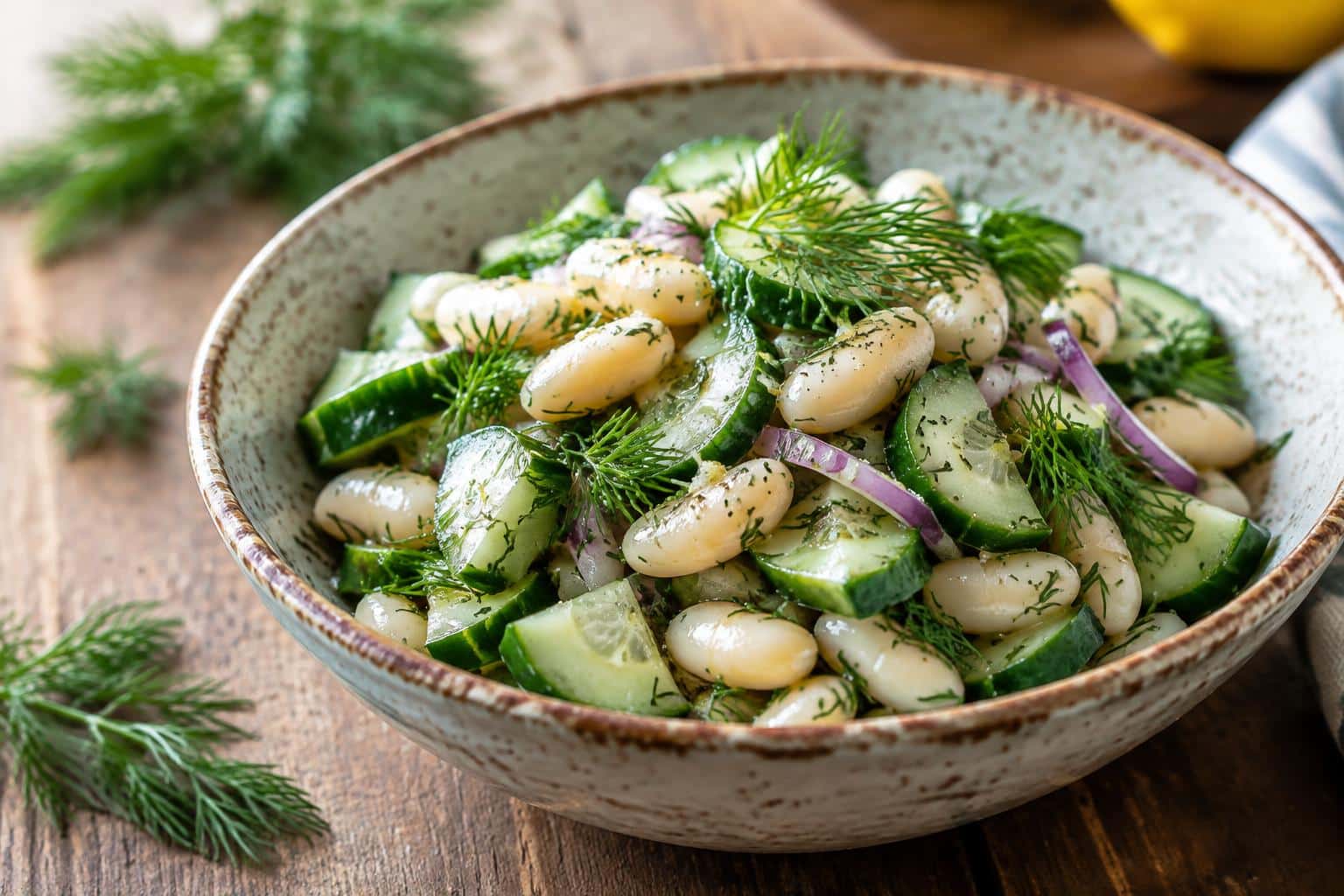 white bean salad with cucumber and dill in rustic bowl with fresh garnish