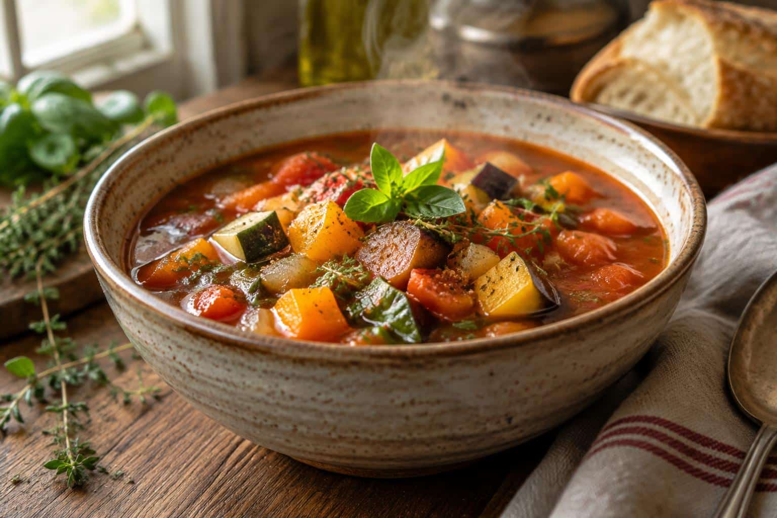 Bowl of Remy’s ratatouille soup with fresh herbs garnish, showcasing vibrant ratatouille soup