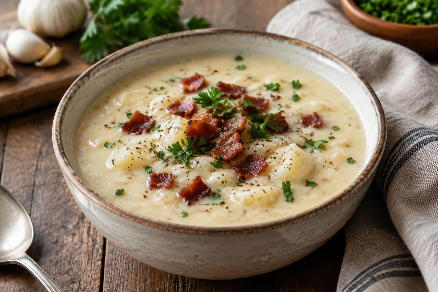 Creamy garlic potato soup in a bowl garnished with parsley and bacon, showcasing garlic potato soup as a revitalizing me
