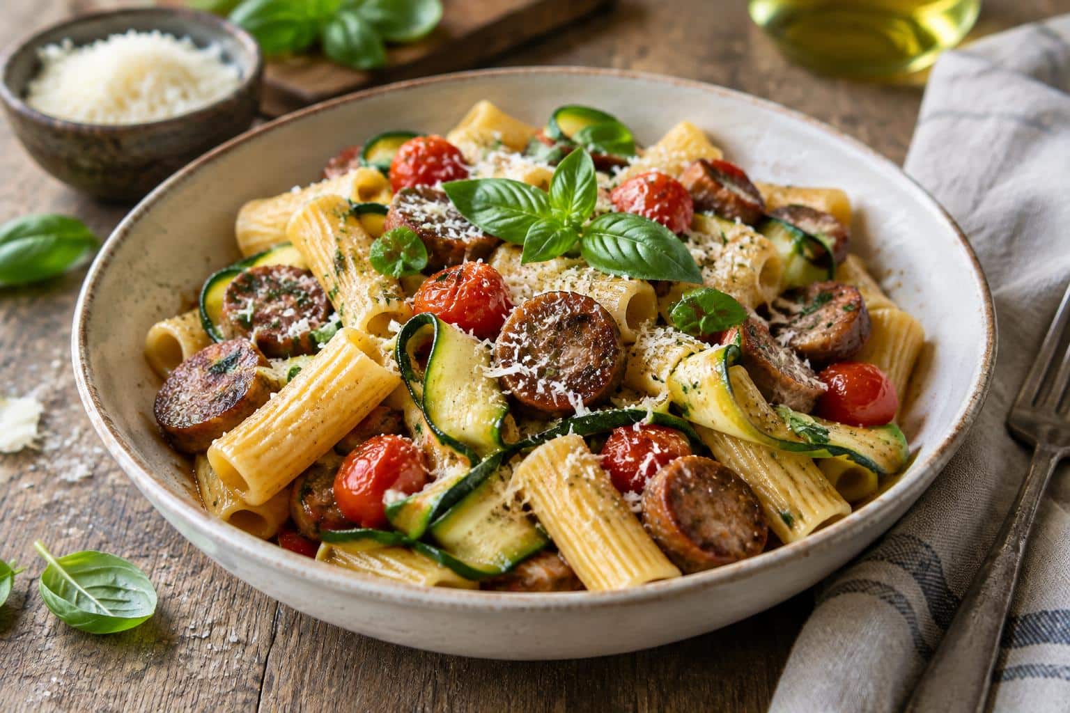 Rigatoni with sausage, tomatoes, and zucchini garnished with fresh basil and Parmesan cheese