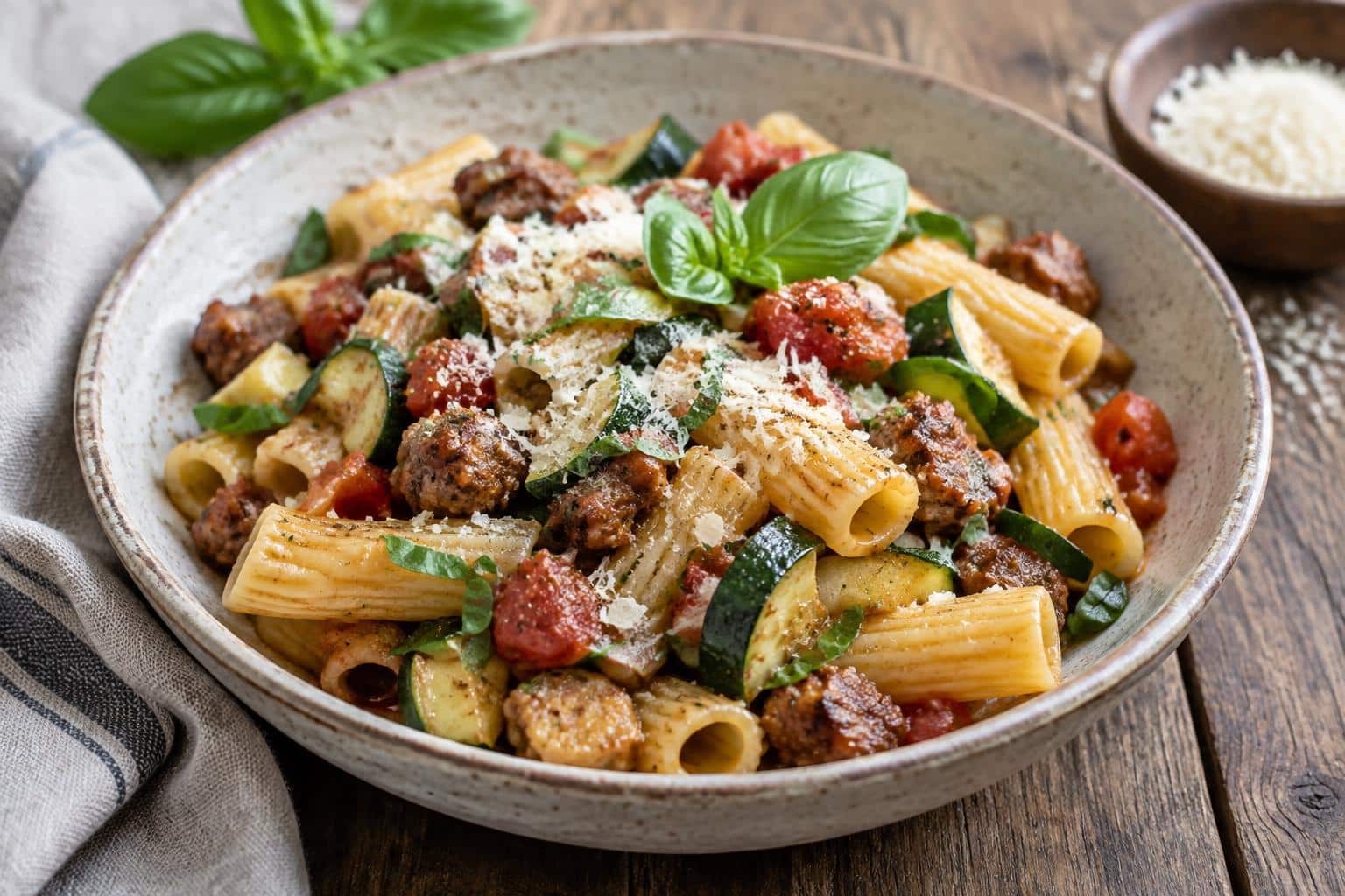 Bowl of rigatoni with sausage, tomatoes, and zucchini garnished with fresh basil and Parmesan
