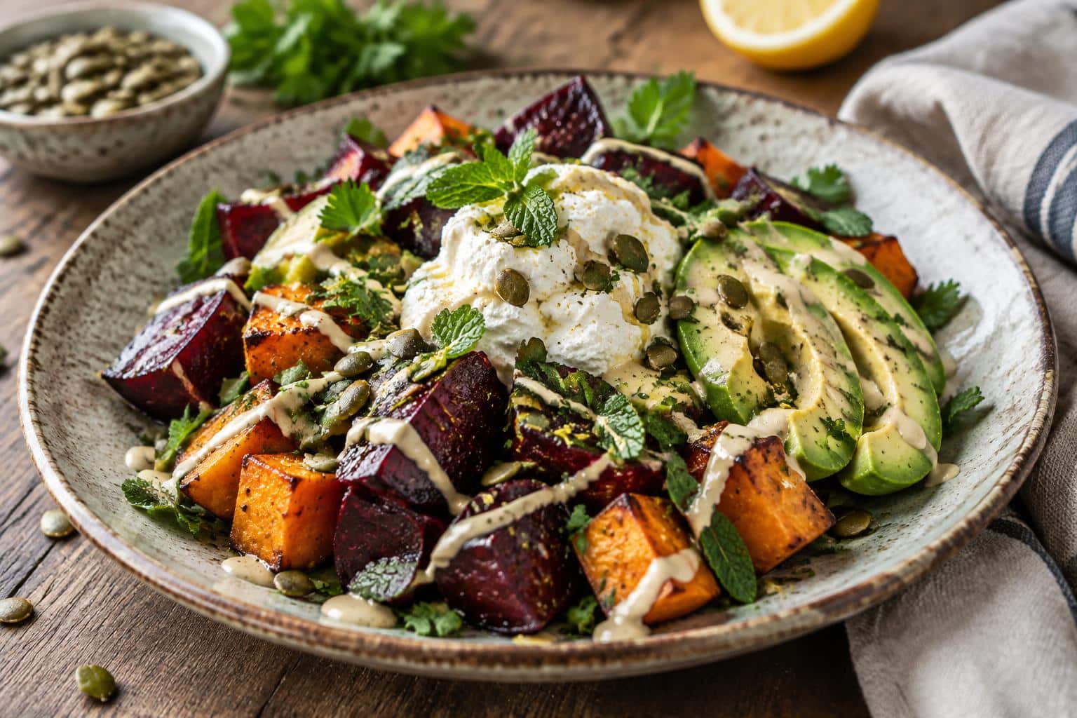 Roasted beet salad with sweet potato, avocado, whipped ricotta, and lemon-tahini drizzle on rustic plate