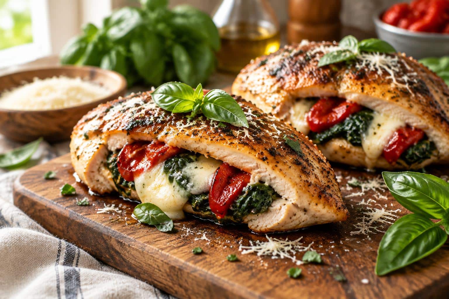 Roasted red pepper spinach mozzarella stuffed chicken served on wooden board with fresh garnish