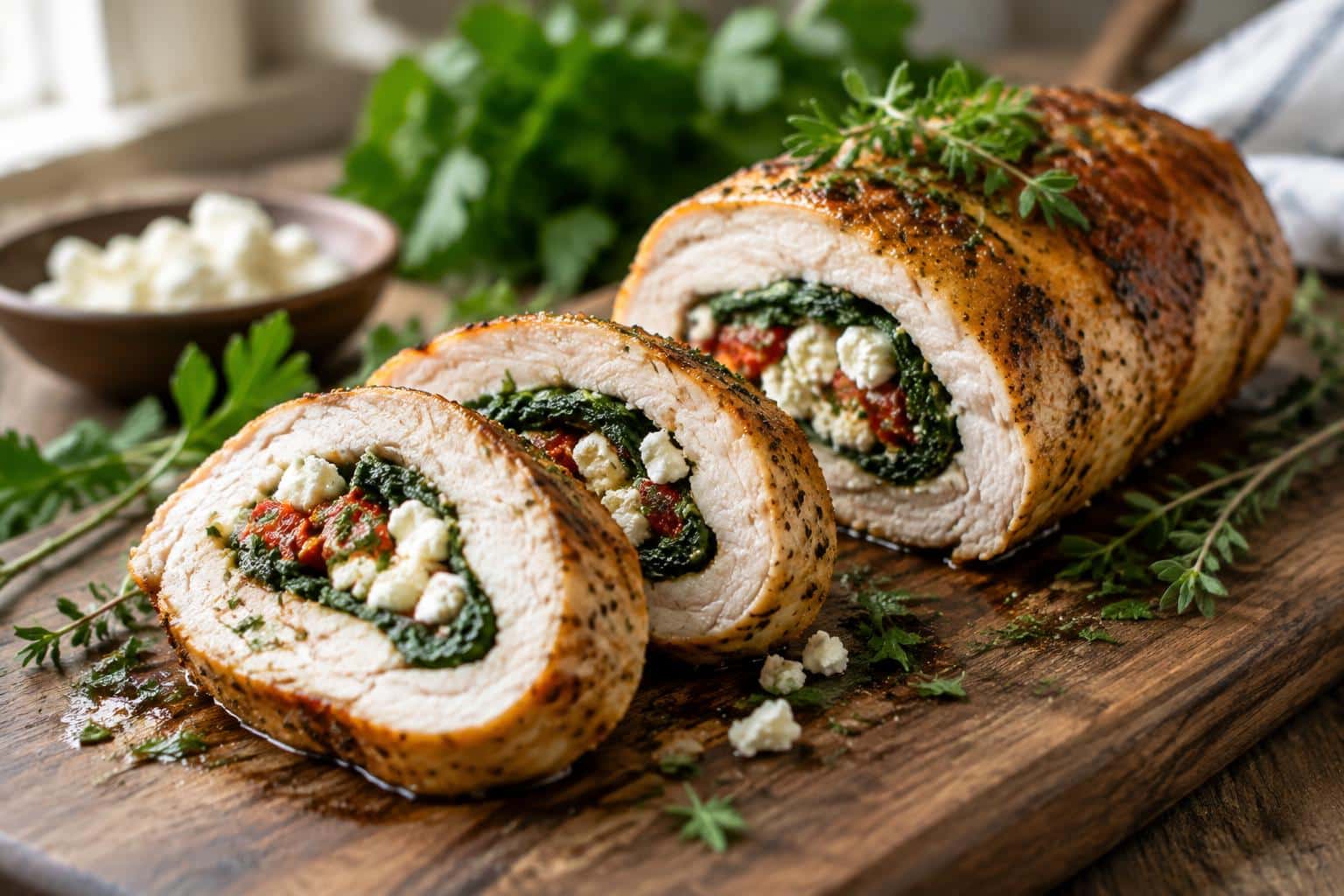 Rolled chicken feta spinach sliced showing creamy filling and golden crust