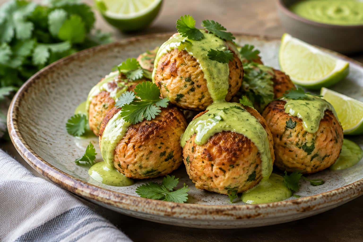 Golden fried salmon balls with creamy avocado sauce garnished with fresh cilantro