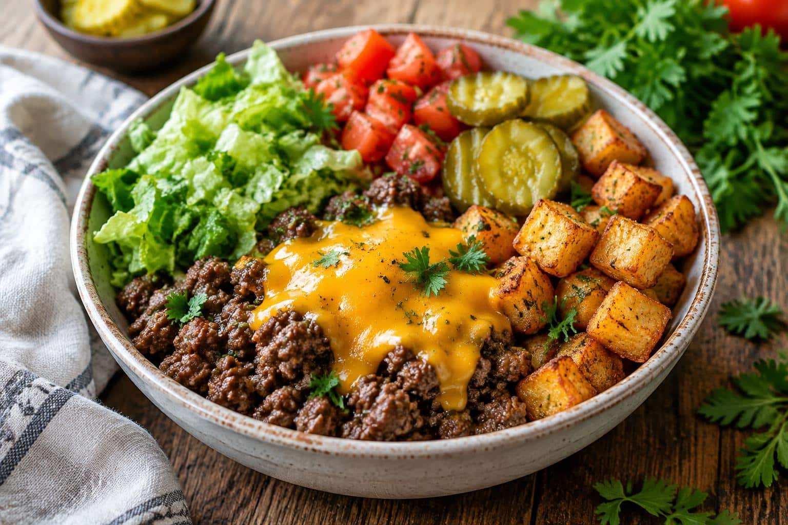 Deconstructed burger bowls with juicy beef, fresh veggies, and melted cheese in a colorful bowl